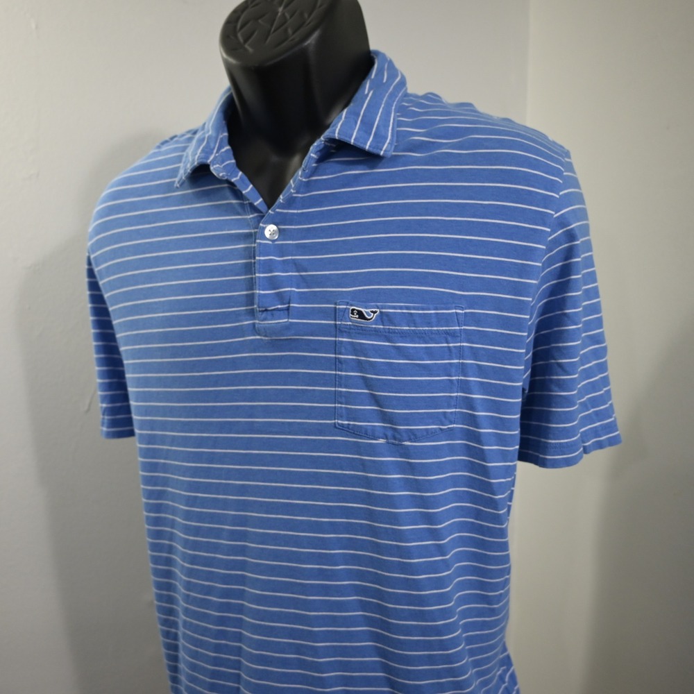 Vineyard Vines Golf Polo Mens L Blue Striped Pima Cotton Pocket Short Sleeve